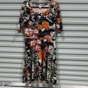 LuLaRoe Black Floral Midi Dress with Orange and Pink Blooms